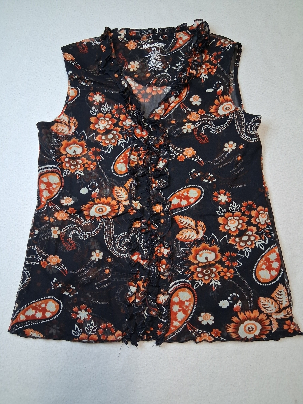 Ruffled Black & Orange Floral Sheer Paisley Sleeveless Camisole